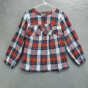 J Crew Shirt Ruffle Top In Snowy Stewart Tartan Plaid Womens Size XS